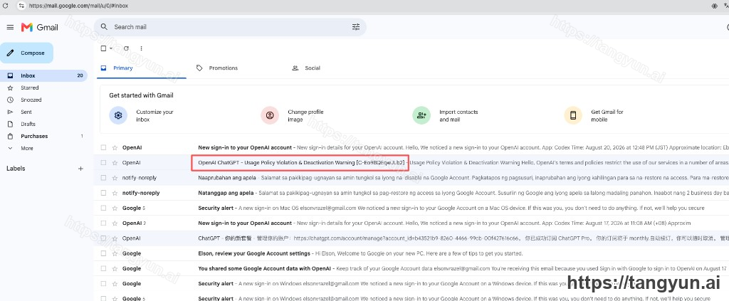 Gmail 收件箱中 OpenAI 使用政策违规警告邮件